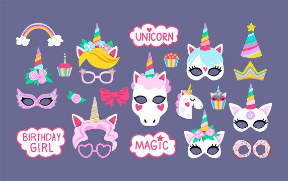 Collection of photo booth props for birthday unicorn party. Cute vector cartoon masks and elements for funny photos.
