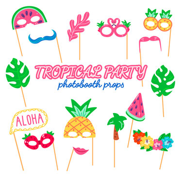 Collection of photo booth props for kids tropical party. Cute vector cartoon masks and elements for funny summer photos.
