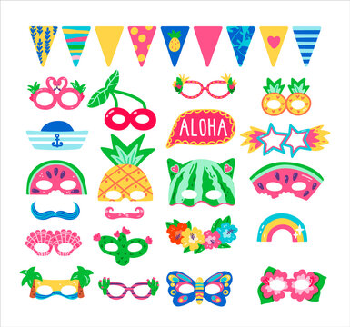 Collection of photo booth props for kids tropical party. Cute vector cartoon masks, eye glasses, flags and elements for funny summer photos.
