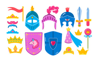 Photo booth props set for kids' medieval party. Cute vector cartoon masks and elements for funny photos. Girlish props for little princess and knight.  © Borisovna.art