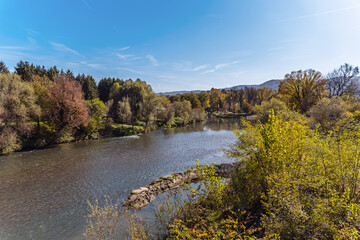 Fototapeta na wymiar Beautiful river in Banja Luka with blue cloudy sky