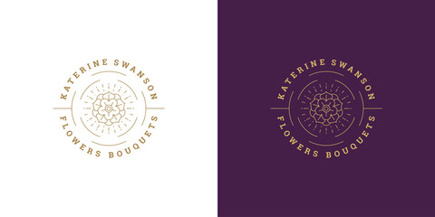 Flower petal line and branch with leaves vector logo emblem design template illustration simple minimal linear style