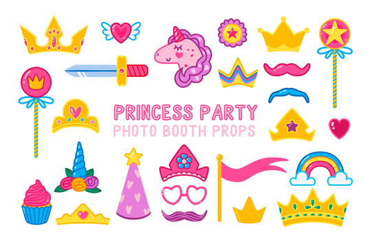 Collection of photo booth props for a little princess party. Cute cartoon style crowns, magic wands, unicorn, and other accessories for girls.

