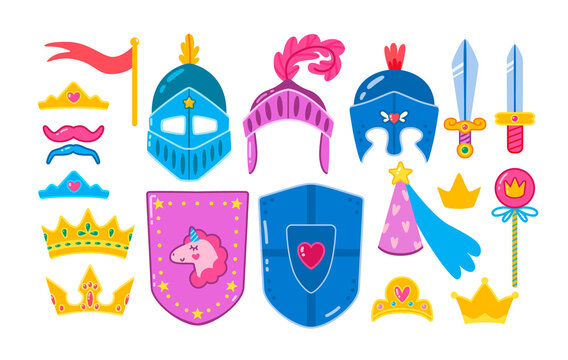 Photo booth props set for kids' medieval party. Cute vector cartoon masks and elements for funny photos. Girlish props for little princess and knight.
