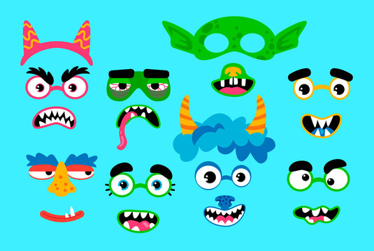 Collection of photo booth props for kids monster party. Cute vector cartoon masks and elements for funny photos.
