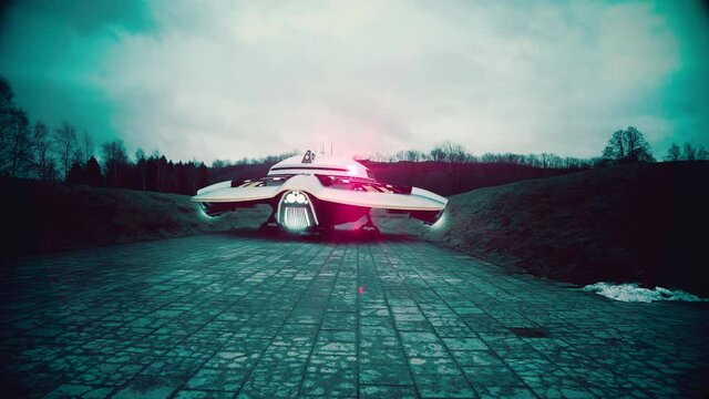 Walking around flyin saucer which is standing on a abandoned runway.
