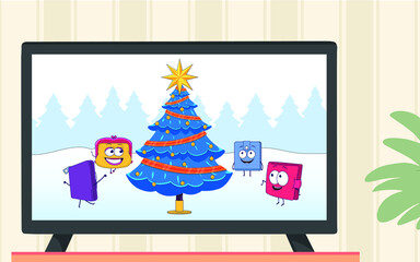  is a closet on which a TV sits, on the wall are wallpapers, on the TV screen are wallets dancing around the Christmas tree which is adorned with toys and garland, and at the top has
a star.