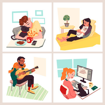 People with their cats in different interiors. Cartoon vector illustrations set of pets and their owners at home.
