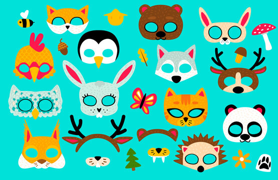 Collection of wild animals photo booth props for kids. Cute cartoon masks and elements for a party.
