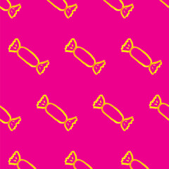 Seamless pattern with simple candy. Yellow picture on pink board. Doodle illustration. Child's drawing. Cartoon background for Kids. Perfect for children fabric, textile, nursery wallpaper