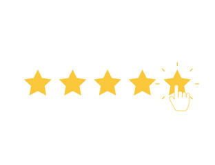 Five yellow stars with clicking hand. Quality rank set. Best choice illustration. Hand touching last star. Rating sign. Feedback and review set with simple stars shape. Vector EPS 10. - obrazy, fototapety, plakaty