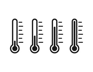 Set of thermometer icons. Temperature measuring tool. Black transparent outline degree scale. Medicine thermometer with level indicator. Cold and hot climate. Vector EPS 10.