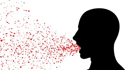 Person breathing , coughing releases germs in air. Airborne microdroplets , disease emitted from open mouth , sneezing.  3d rendering illustration .