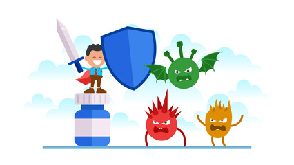 Funny strong guardian with sword and shield fight with Coronavirus.
