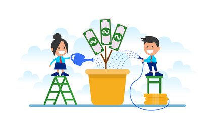 Business people water a money tree.
