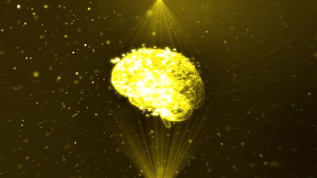 Scanning of the . Glowing particles of light formed during the formation of the model of the human brain. Spinning 360 degrees. 3D rendering. Animated yellow background. AI concept. Graphic design of