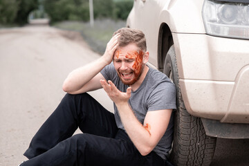 Car accident, man sits with bloodied head near wheel, screaming and crying