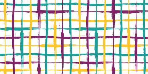 Grunge line vector seamless grid border. Hand drawn brush stroke style linear criss cross purple, turquoise, yellow white banner. Abstract irregular geometric mesh design. Stylish weave effect