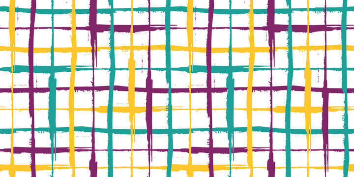 Grunge Line Vector Seamless Grid Border. Hand Drawn Brush Stroke Style Linear Criss Cross Purple, Turquoise, Yellow White Banner. Abstract Irregular Geometric Mesh Design. Stylish Weave Effect