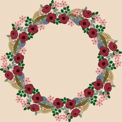 Floral round frame from cute ditsy flowers. Greeting card template. Design artwork for the poster, tee shirt, pillow, home decor. Summer wild flowers wreath.
