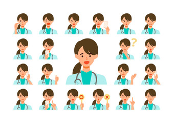 Face expressions of a doctor woman in lab coat. Different female emotions and poses set.