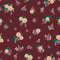 Boho seamless floral pattern with feathers, roses, daisy, marguerite, green and silver twigs. Folk style millefleurs. Plant background for textile, wallpaper, pattern fills, covers, surface, print