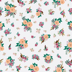 Boho seamless floral pattern with feathers, roses, daisy, marguerite, green and silver twigs. Folk style millefleurs. Plant background for textile, wallpaper, pattern fills, covers, surface, print
