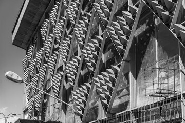 Kyiv (Kiev), Ukraine - July 05, 2020: Unusual Soviet architecture and design of the facade of the...