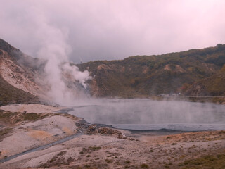 HOKKAIDO JAPAN OCTOBER 3 2019 Jigokudani Hell Valley steamy natural onsen hot spring Noboribetsu, Autumn season Hokkaido, Japan-2