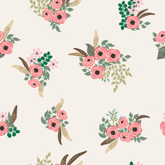 Boho seamless floral pattern with feathers, roses, daisy, marguerite, green and silver twigs. Folk style millefleurs. Plant background for textile, wallpaper, pattern fills, covers, surface, print
