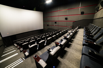 Cinema empty screen. audience with empty seats. Mock up