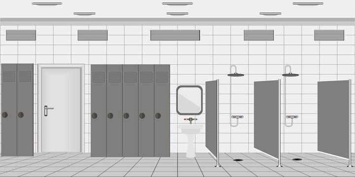 The interior of the public shower room in the gym or elsewhere