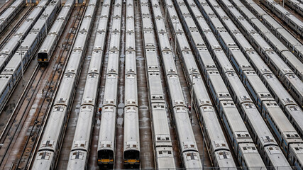 High angle close-up aerial view of Hudson Yards train depot with train lines - obrazy, fototapety, plakaty
