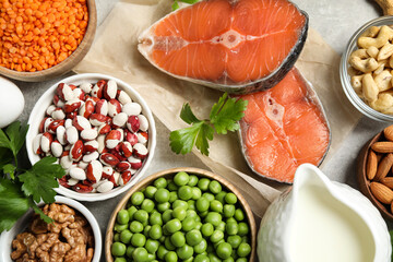 Products rich in protein on table, flat lay