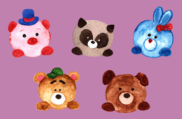 Cute watercolor animals. Isolated on white objects. Kids illustration. Pets.