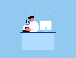 Young scientist looking through a microscope in a laboratory. Young scientist doing some research. Science laboratory concept vector illustration
