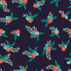 Fototapeta na wymiar Vintage folk floral background. Seamless vector pattern for design and fashion prints. Plant pattern with small ditsy flowers. Country style. Use for for textile, wallpaper, covers.