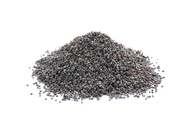 Pile of dry poppy seeds isolated on white