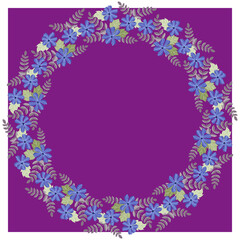 Floral round frame from cute ditsy flowers. Greeting card template. Design artwork for the poster, tee shirt, pillow, home decor. Summer wild flowers wreath.