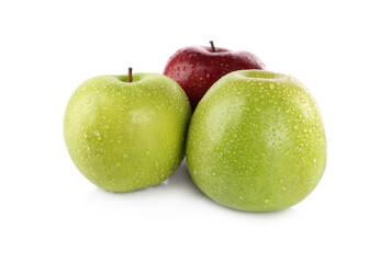 Fresh juicy green and red apples with water drops isolated on white