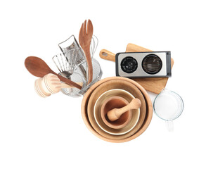 Set of different cooking utensils and dishes on white background, top view