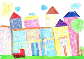 Child's drawing happy family, building, car