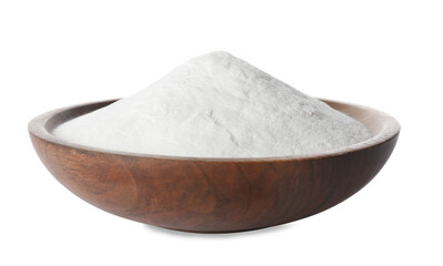 Wooden bowl with baking soda isolated on white