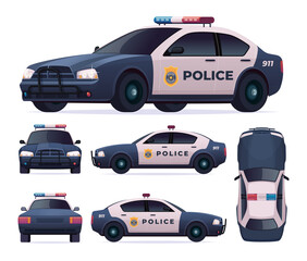 Police patrol car set. View front, rear, side, top. © Vector_Vision