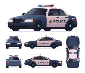 Police patrol car set. View front, rear, side, top.