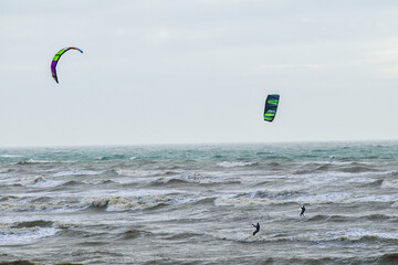 Kite surfing in the sea, kite boarding action