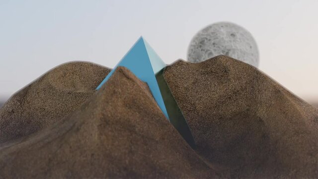 Scifi pyramid rising from sand on strange planet, surreal unknown craft emerges from hiding in desert like landscape. Extraterrestrial pyramid powered craft on an alien world realistic 3d animation.