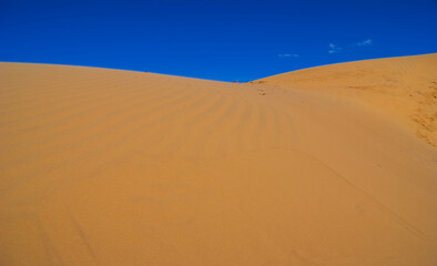 Fototapeta na wymiar closeup summer sandy desert dune on a blue sky background