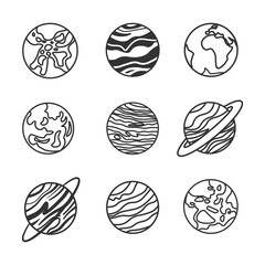 Planet icon set, outlines. Vector Illustration.