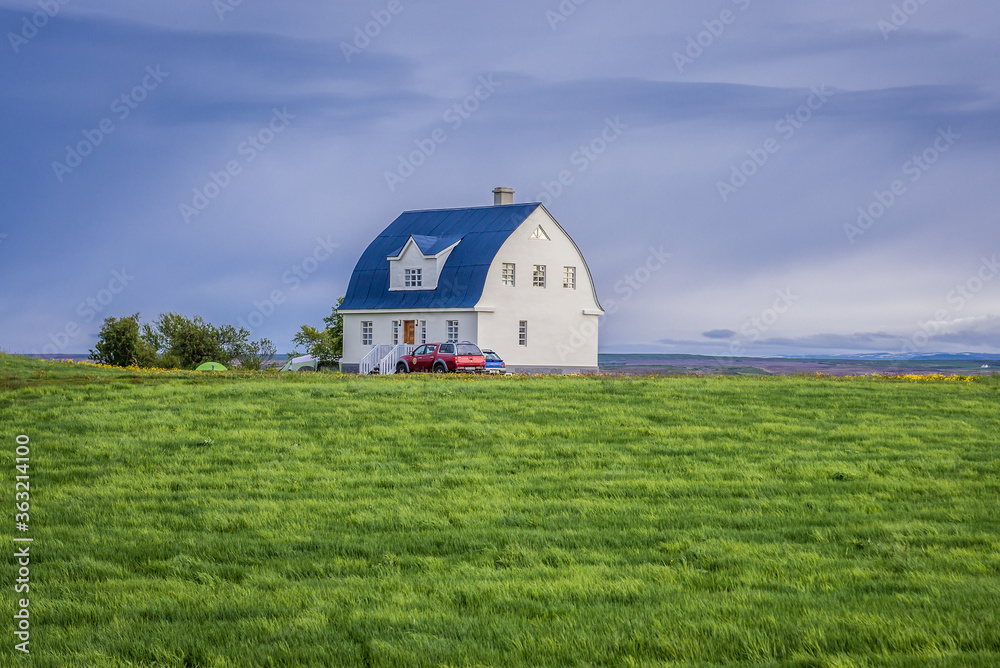 Canvas Prints Distance view of house on a farm in Skutustadir village, Iceland